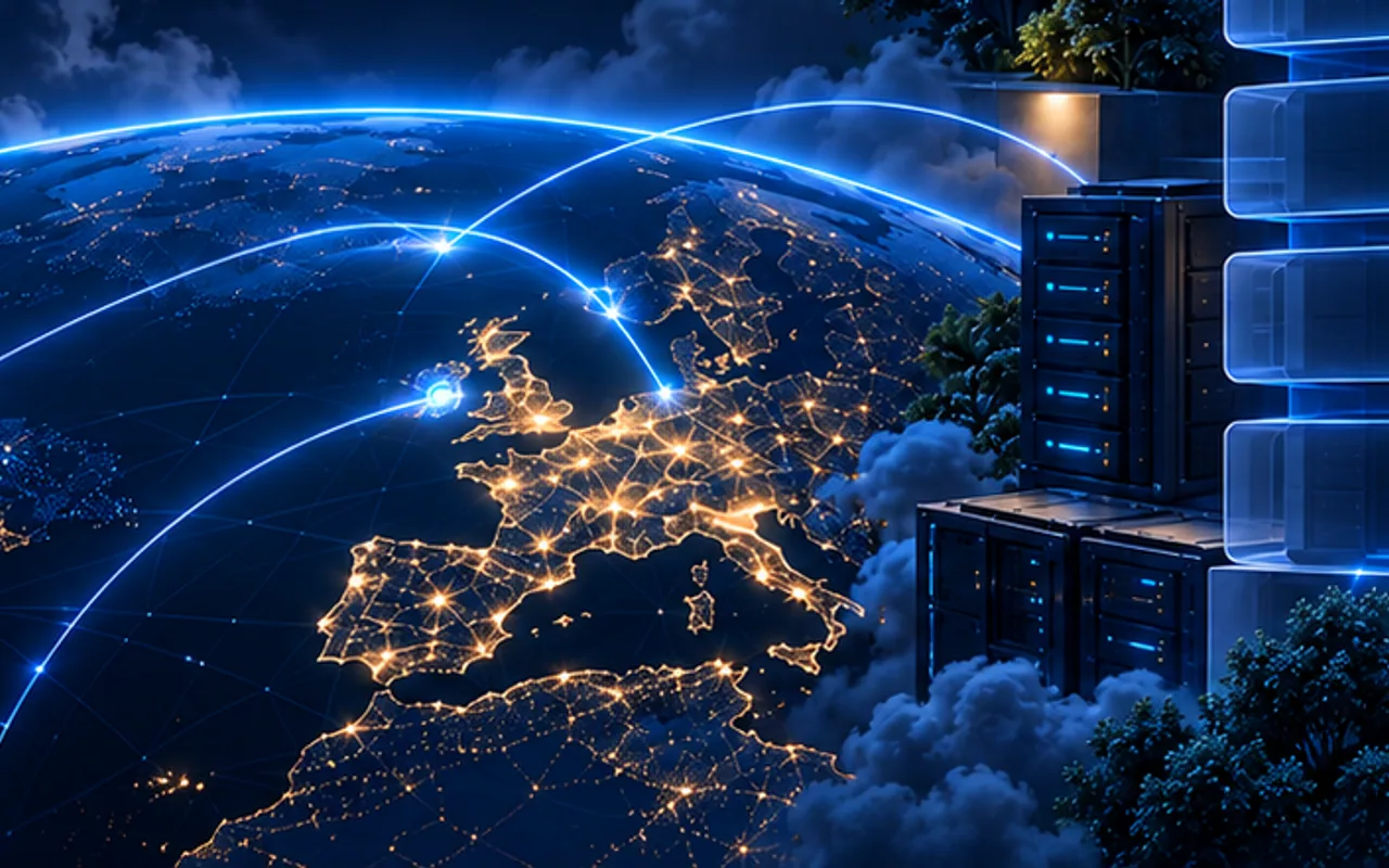 Ilustración de Europa iluminada y conectada como referencia de la región principal en Irlanda.